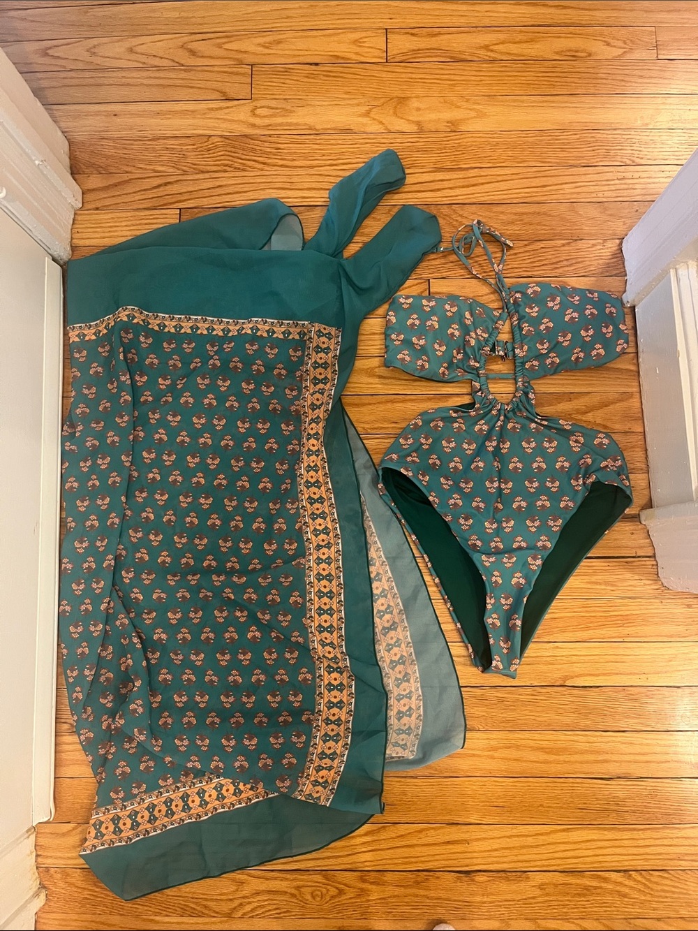 Teal Floral Cutout one-Piece Swimsuit with Sheer Cover-Up